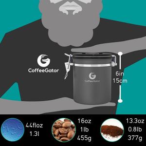 Coffee Gator Stainless Steel Container - Canister with co2 Valve, Scoop and Travel Jar - Medium, Grey